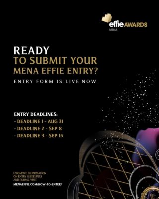 #Marketers and #Advertisers, get your submissions ready, the entry form for MENA Effie 2022 is live now! 

Click the link in bio to submit your entry.

Ready to win the gold? Keep an eye on the following pointers - 

Key rule of eligibility: All marketing efforts that ran in the MENA Region at any point between July 1, 2021, and June 30, 2022* are eligible to enter. 

Entry Deadlines:
- First Deadline: Aug 31, 2022
- Second Deadline: Sep 8, 2022
- Final Deadline: Sep 15, 2022

For more information on entry guidelines and forms, visit:
menaeffie.com/how-to-enter/

#MarketingEffectiveness #Marketers #Creatives #Awards #MENAEffie #AwardingIdeasThatWork