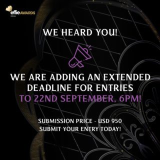 WE HEARD YOU! 

Due to high demand from our entrants, we have added an extended deadline - 22nd September ‘22

Please note that the final deadline still remains to be 15th September, the extended deadline for Sep 22 will be priced @ USD 950/entry. 

SUBMIT YOUR ENTRY TODAY!

Click the link in bio to access entry guidelines, forms and more.

#MarketingEffectiveness #Marketers #Creatives #Advertising #Awards #MENAEffie #AwardingIdeasThatWork #Awards #Ideas #MENAEffie2022